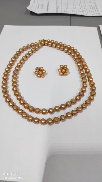 Multilayer Golden Brown Pearl Set With Earrings (Pack of 1)